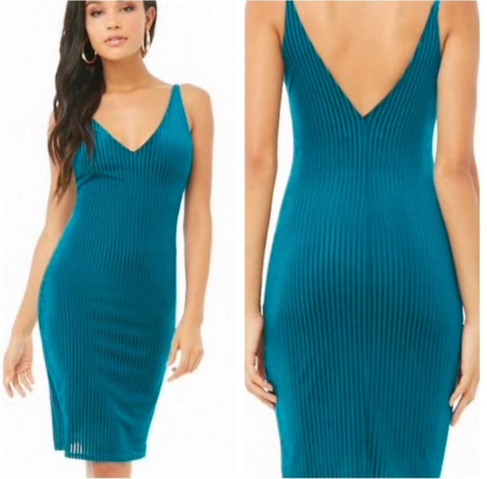 Teal Ribbed Romantic Velvet Bodycon Mini Dress V‑Neck Sleek Whimsicore Sexy M
